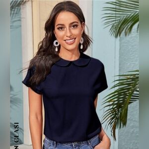 Peter Pan Collar Solid Black Women's Blouse Size Large